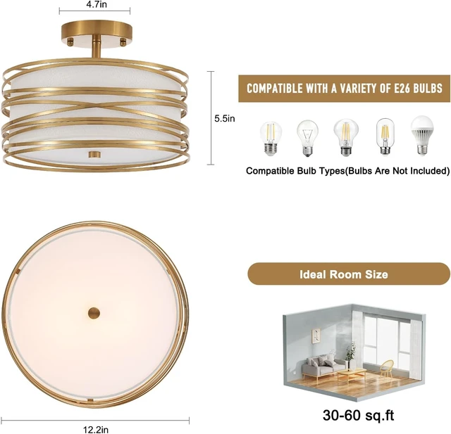 Alt view image 3 of 7 - 12.2" Gold Semi Flush Mount Ceiling Light, Linen 2-Light Fixture
