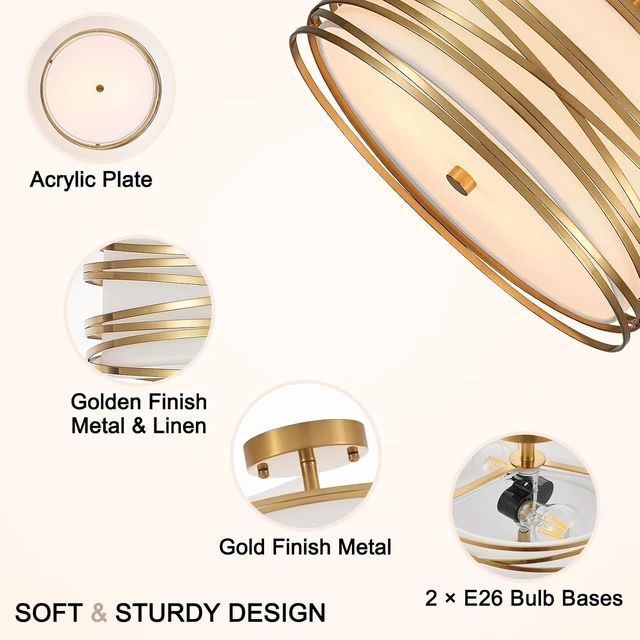 Alt view image 4 of 7 - 12.2" Gold Semi Flush Mount Ceiling Light, Linen 2-Light Fixture