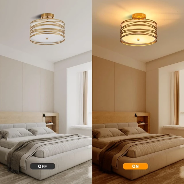 Alt view image 5 of 7 - 12.2" Gold Semi Flush Mount Ceiling Light, Linen 2-Light Fixture
