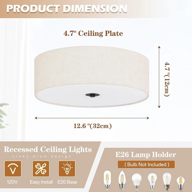 Alt view image 4 of 7 - 12.6 Inch Flush Mount Ceiling Light 2-Light Drum Modern Black Light Fixture Ceiling Light Fixture Close to Ceiling Light Fixture with Fabric Shade for Living Room Hallway Entryway Kitchen Bedroom