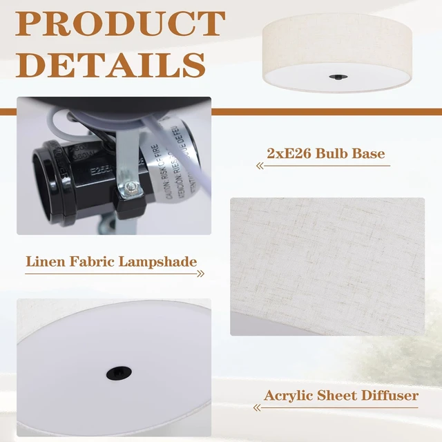 Alt view image 6 of 7 - 12.6 Inch Flush Mount Ceiling Light 2-Light Drum Modern Black Light Fixture Ceiling Light Fixture Close to Ceiling Light Fixture with Fabric Shade for Living Room Hallway Entryway Kitchen Bedroom