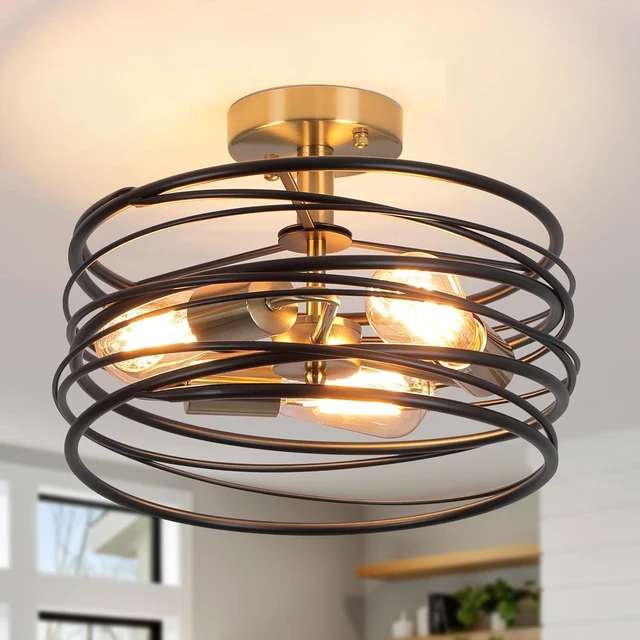 Main image of Black Rustic Drum Semi Flush Ceiling Light with 3-Light Brass Base, Modern Gold Farmhouse Chandeliers Metal Cage for Dining Room, Industrial Pendant Light for Entryway Kitchen Foyer Bedroom
