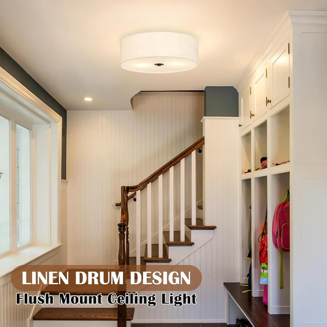 Alt view image 7 of 7 - 12.6 Inch Flush Mount Ceiling Light 2-Light Drum Modern Black Light Fixture Ceiling Light Fixture Close to Ceiling Light Fixture with Fabric Shade for Living Room Hallway Entryway Kitchen Bedroom