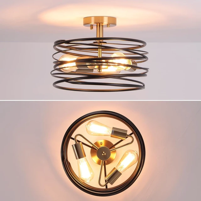 Alt view image 2 of 7 - Black Rustic Drum Semi Flush Ceiling Light with 3-Light Brass Base, Modern Gold Farmhouse Chandeliers Metal Cage for Dining Room, Industrial Pendant Light for Entryway Kitchen Foyer Bedroom