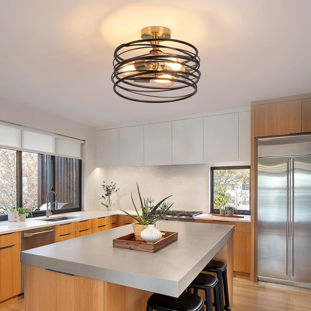 Alt view image 3 of 7 - Black Rustic Drum Semi Flush Ceiling Light with 3-Light Brass Base, Modern Gold Farmhouse Chandeliers Metal Cage for Dining Room, Industrial Pendant Light for Entryway Kitchen Foyer Bedroom