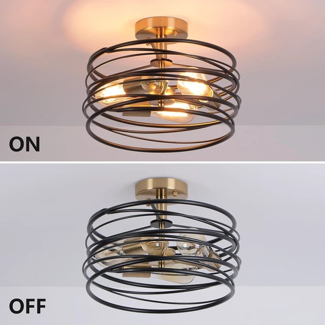 Alt view image 4 of 7 - Black Rustic Drum Semi Flush Ceiling Light with 3-Light Brass Base, Modern Gold Farmhouse Chandeliers Metal Cage for Dining Room, Industrial Pendant Light for Entryway Kitchen Foyer Bedroom