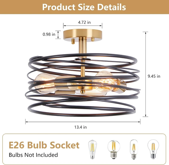 Alt view image 5 of 7 - Black Rustic Drum Semi Flush Ceiling Light with 3-Light Brass Base, Modern Gold Farmhouse Chandeliers Metal Cage for Dining Room, Industrial Pendant Light for Entryway Kitchen Foyer Bedroom