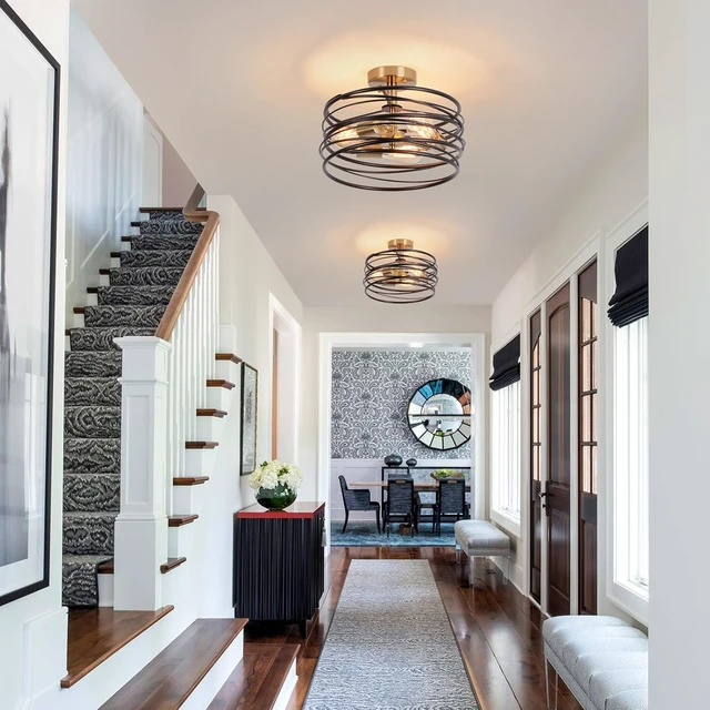 Alt view image 6 of 7 - Black Rustic Drum Semi Flush Ceiling Light with 3-Light Brass Base, Modern Gold Farmhouse Chandeliers Metal Cage for Dining Room, Industrial Pendant Light for Entryway Kitchen Foyer Bedroom