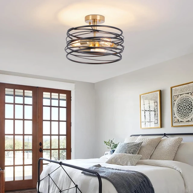 Alt view image 7 of 7 - Black Rustic Drum Semi Flush Ceiling Light with 3-Light Brass Base, Modern Gold Farmhouse Chandeliers Metal Cage for Dining Room, Industrial Pendant Light for Entryway Kitchen Foyer Bedroom