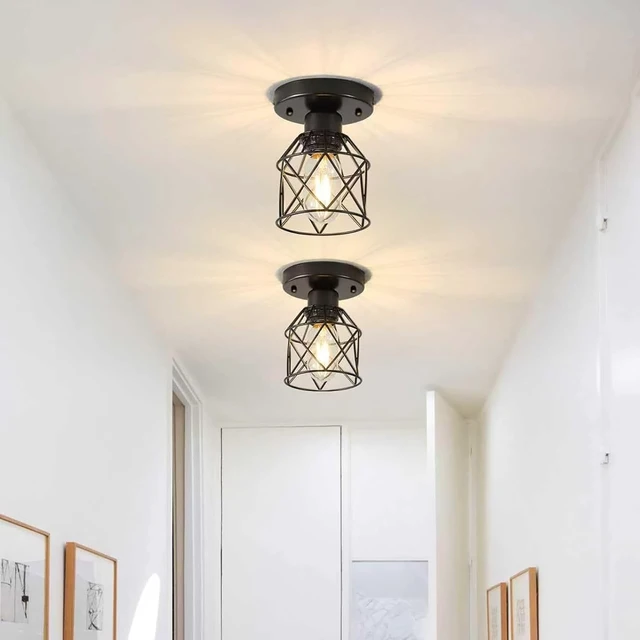 Main image of 2-Pack Farmhouse Semi Flush Mount Ceiling Light, Black Metal Cage Fixture