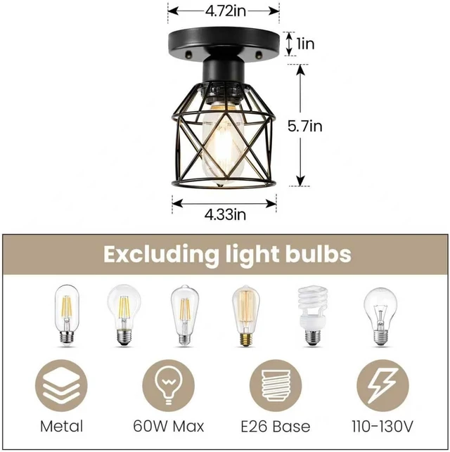 Alt view image 2 of 7 - 2-Pack Farmhouse Semi Flush Mount Ceiling Light, Black Metal Cage Fixture