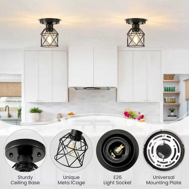 Alt view image 5 of 7 - 2-Pack Farmhouse Semi Flush Mount Ceiling Light, Black Metal Cage Fixture