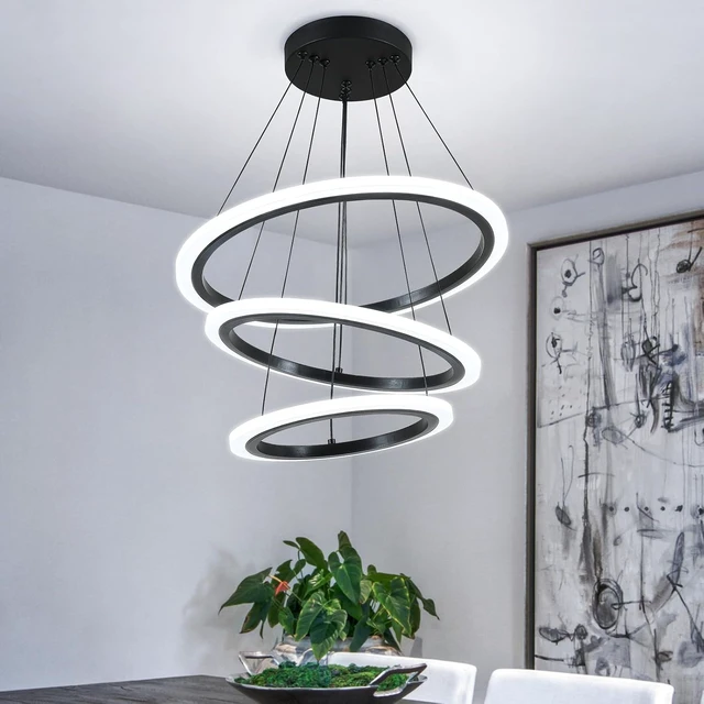 Main image of O'NEELDY Modern 3 Ring LED 52W Black Pendant Light with Irregular Ring Lights Adjustable Hanging Lamp for Dining Room Bedroom Kitchen Island Cafe