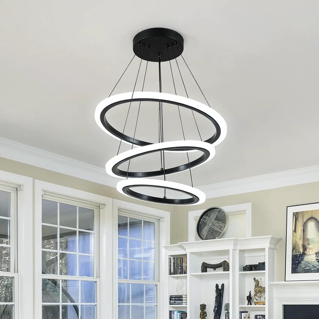 Alt view image 2 of 7 - O'NEELDY Modern 3 Ring LED 52W Black Pendant Light with Irregular Ring Lights Adjustable Hanging Lamp for Dining Room Bedroom Kitchen Island Cafe
