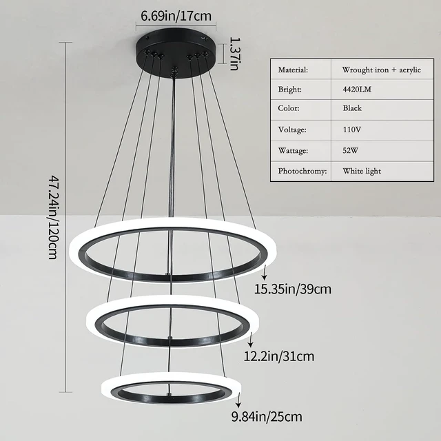Alt view image 6 of 7 - O'NEELDY Modern 3 Ring LED 52W Black Pendant Light with Irregular Ring Lights Adjustable Hanging Lamp for Dining Room Bedroom Kitchen Island Cafe