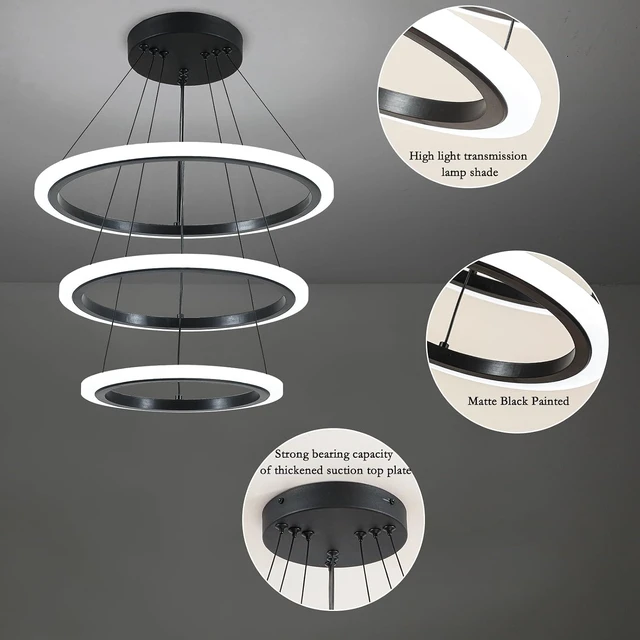 Alt view image 7 of 7 - O'NEELDY Modern 3 Ring LED 52W Black Pendant Light with Irregular Ring Lights Adjustable Hanging Lamp for Dining Room Bedroom Kitchen Island Cafe