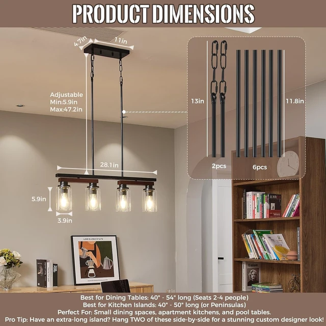 Alt view image 3 of 7 - 4-Light Black Linear Chandelier,28.1" Dining Room Light Fixture Over Table