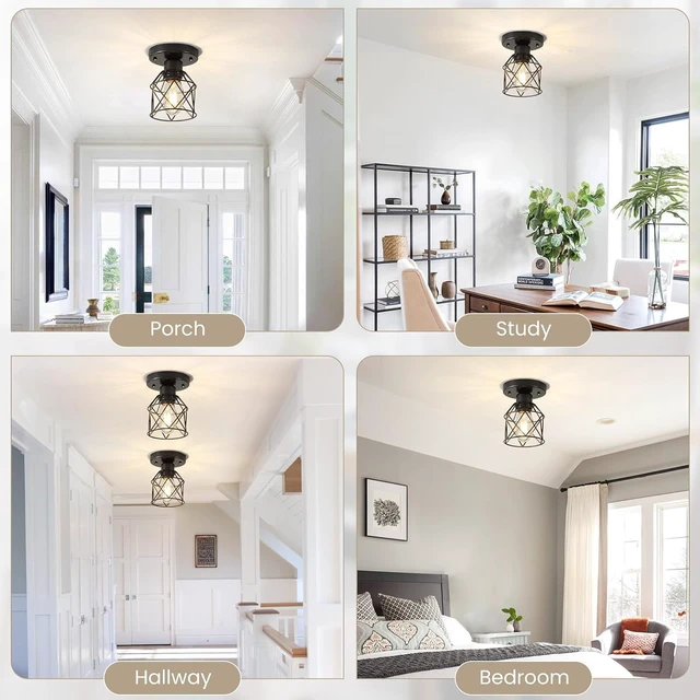 Alt view image 7 of 7 - 2-Pack Farmhouse Semi Flush Mount Ceiling Light, Black Metal Cage Fixture