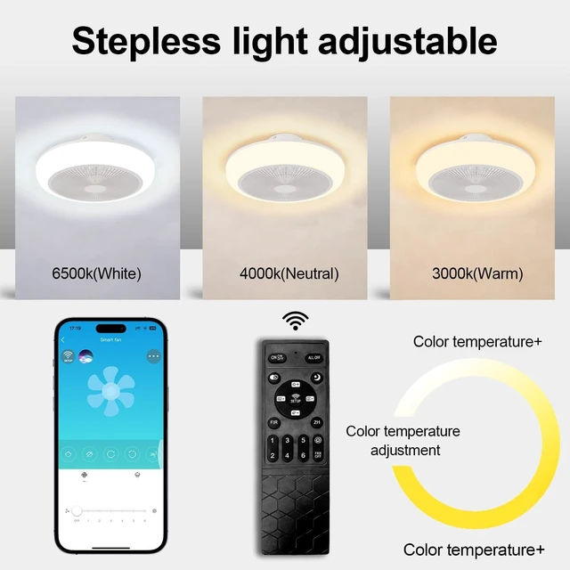 Alt view image 2 of 7 - Bladeless Ceiling Fan with Light and Remote Fandelier Caged Low Profile Smart Ceiling Fan Light with Nightlight 2700K-6500K, Flush Mount Fan Light with Remote/APP Control