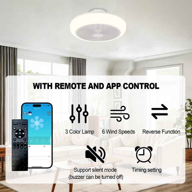 Alt view image 4 of 7 - Bladeless Ceiling Fan with Light and Remote Fandelier Caged Low Profile Smart Ceiling Fan Light with Nightlight 2700K-6500K, Flush Mount Fan Light with Remote/APP Control