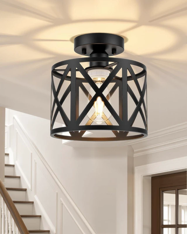 Main image of BLNAN Farmhouse Semi Flush Mount Ceiling Light Fixture E26 Metal Cage Industrial Ceiling Lighting for Kitchen, Bedroom, Foyer, Entryway, Laundry Room, Dining Room, Hallway 8 Inch Black