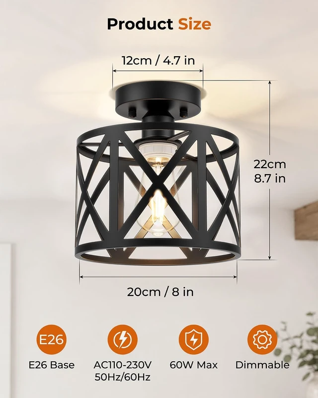 Alt view image 2 of 7 - BLNAN Farmhouse Semi Flush Mount Ceiling Light Fixture E26 Metal Cage Industrial Ceiling Lighting for Kitchen, Bedroom, Foyer, Entryway, Laundry Room, Dining Room, Hallway 8 Inch Black