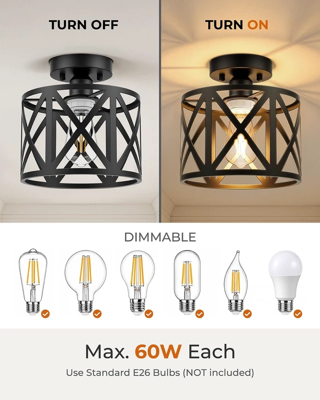 Alt view image 3 of 7 - BLNAN Farmhouse Semi Flush Mount Ceiling Light Fixture E26 Metal Cage Industrial Ceiling Lighting for Kitchen, Bedroom, Foyer, Entryway, Laundry Room, Dining Room, Hallway 8 Inch Black