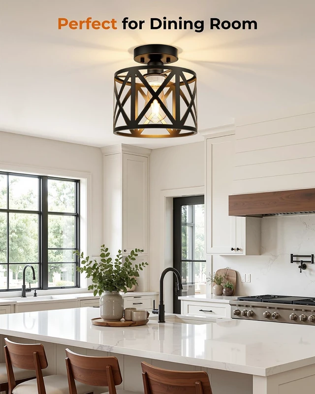 Alt view image 4 of 7 - BLNAN Farmhouse Semi Flush Mount Ceiling Light Fixture E26 Metal Cage Industrial Ceiling Lighting for Kitchen, Bedroom, Foyer, Entryway, Laundry Room, Dining Room, Hallway 8 Inch Black