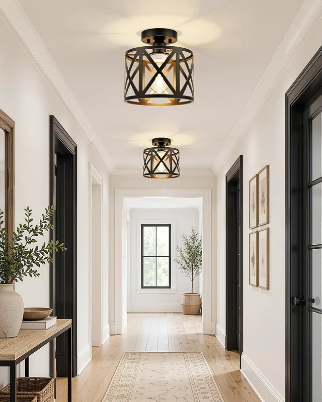 Alt view image 5 of 7 - BLNAN Farmhouse Semi Flush Mount Ceiling Light Fixture E26 Metal Cage Industrial Ceiling Lighting for Kitchen, Bedroom, Foyer, Entryway, Laundry Room, Dining Room, Hallway 8 Inch Black
