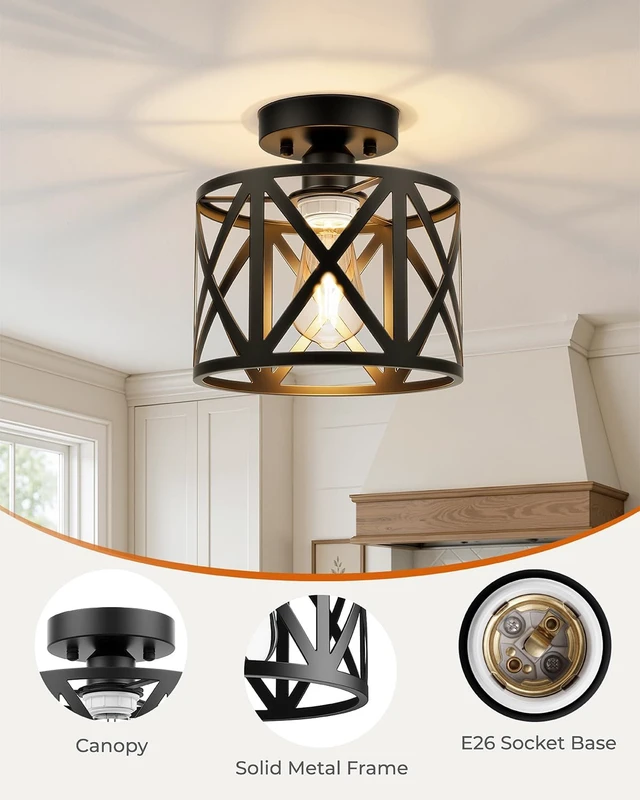 Alt view image 6 of 7 - BLNAN Farmhouse Semi Flush Mount Ceiling Light Fixture E26 Metal Cage Industrial Ceiling Lighting for Kitchen, Bedroom, Foyer, Entryway, Laundry Room, Dining Room, Hallway 8 Inch Black