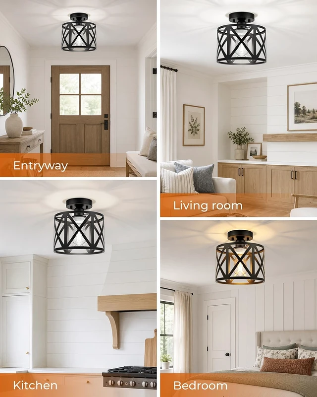 Alt view image 7 of 7 - BLNAN Farmhouse Semi Flush Mount Ceiling Light Fixture E26 Metal Cage Industrial Ceiling Lighting for Kitchen, Bedroom, Foyer, Entryway, Laundry Room, Dining Room, Hallway 8 Inch Black
