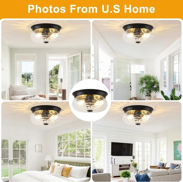 Alt view image 3 of 7 - Black Flush Mount Ceiling Light Fixtures, 2-Light Ceiling Mount for Modern with Clear Hammered Glass Shade, Industrial Flush Mount Light Fixture Farmhouse for Hallway Kitchen Bedroom Entryway Foyer