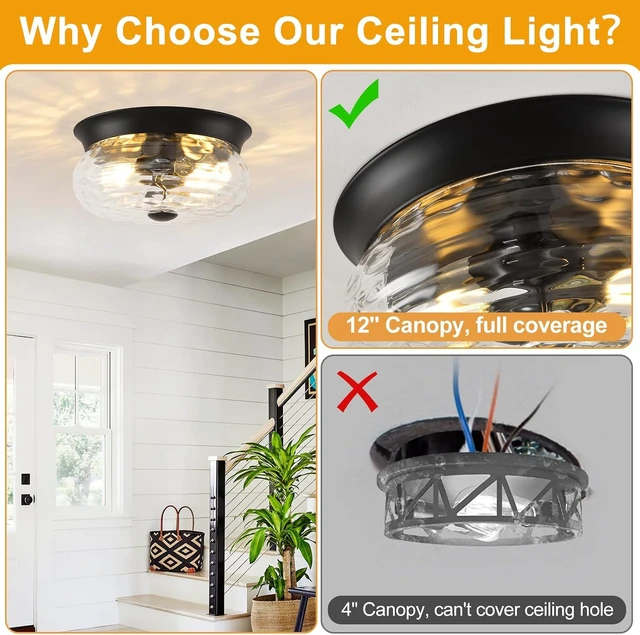 Alt view image 5 of 7 - Black Flush Mount Ceiling Light Fixtures, 2-Light Ceiling Mount for Modern with Clear Hammered Glass Shade, Industrial Flush Mount Light Fixture Farmhouse for Hallway Kitchen Bedroom Entryway Foyer
