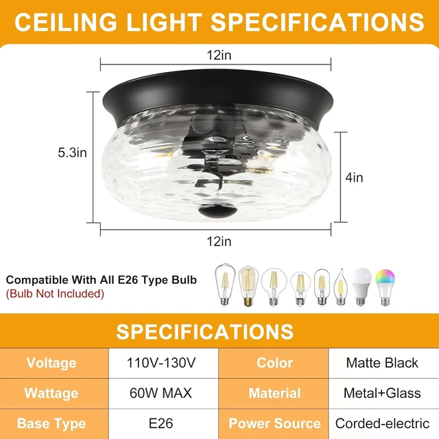 Alt view image 7 of 7 - Black Flush Mount Ceiling Light Fixtures, 2-Light Ceiling Mount for Modern with Clear Hammered Glass Shade, Industrial Flush Mount Light Fixture Farmhouse for Hallway Kitchen Bedroom Entryway Foyer