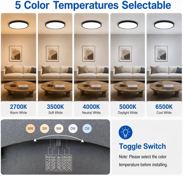 Alt view image 2 of 7 - 6 Pack 12 Inch LED Flush Mount Ceiling Light, 24W 2640LM & 5 CCT Selectable (2700K-6500K), 0.72 Ultra-Thin Hardwired LED Fixtures for Bedroom Kitchen Hallway Closet Laundry,Black