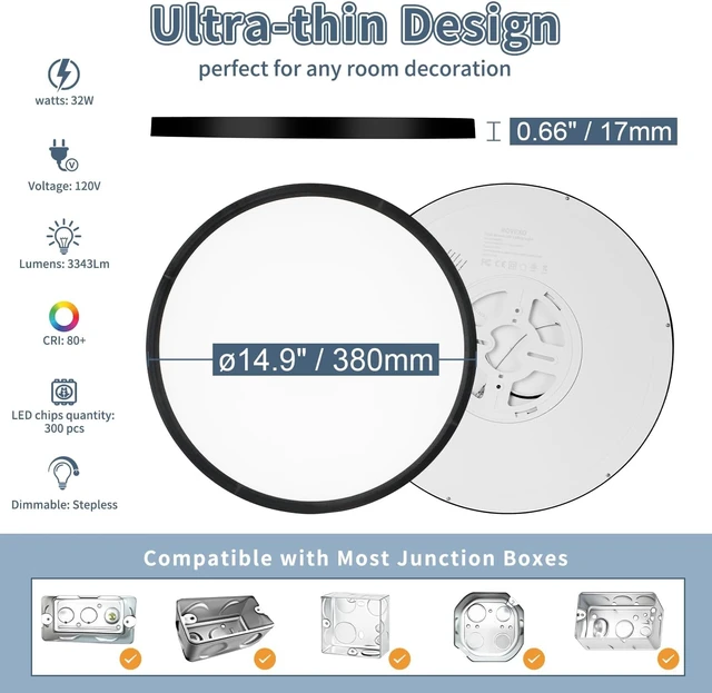 Alt view image 4 of 7 - 15 Inch LED Flush Mount Ceiling Light, 32W Dimmable & 5CCT 3000K-6500K