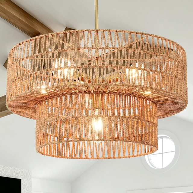 Main image of 23.62" 6-Light Boho Chandelier Rattan Light Fixture Hand Woven Farmhouse Chandelier for Dining Room Ceiling Hanging Pendant Light for Kitchen Island Lighting