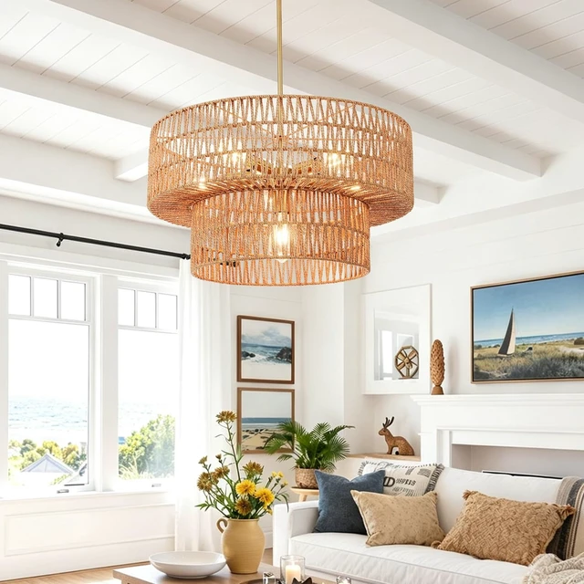 Alt view image 2 of 7 - 23.62" 6-Light Boho Chandelier Rattan Light Fixture Hand Woven Farmhouse Chandelier for Dining Room Ceiling Hanging Pendant Light for Kitchen Island Lighting