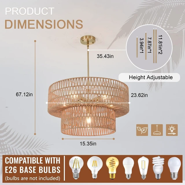 Alt view image 4 of 7 - 23.62" 6-Light Boho Chandelier Rattan Light Fixture Hand Woven Farmhouse Chandelier for Dining Room Ceiling Hanging Pendant Light for Kitchen Island Lighting