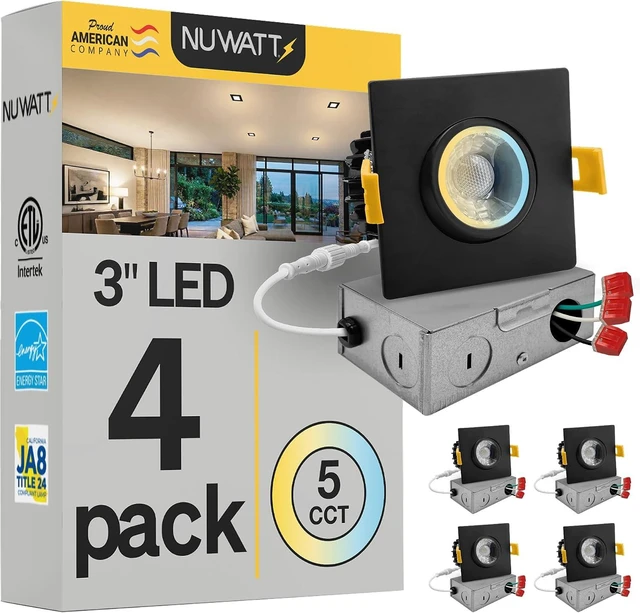 Main image of NUWATT 3 Inch Black Square Gimbal LED Recessed Lights CCT 2700K-5000K, 4 PK