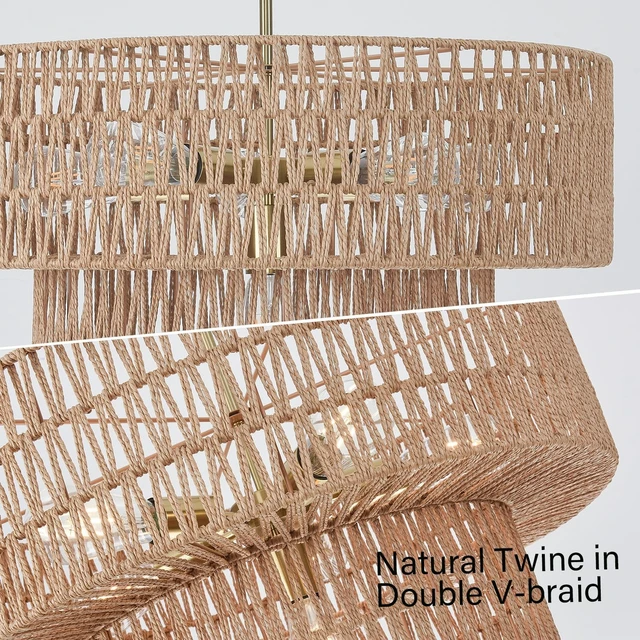 Alt view image 6 of 7 - 23.62" 6-Light Boho Chandelier Rattan Light Fixture Hand Woven Farmhouse Chandelier for Dining Room Ceiling Hanging Pendant Light for Kitchen Island Lighting