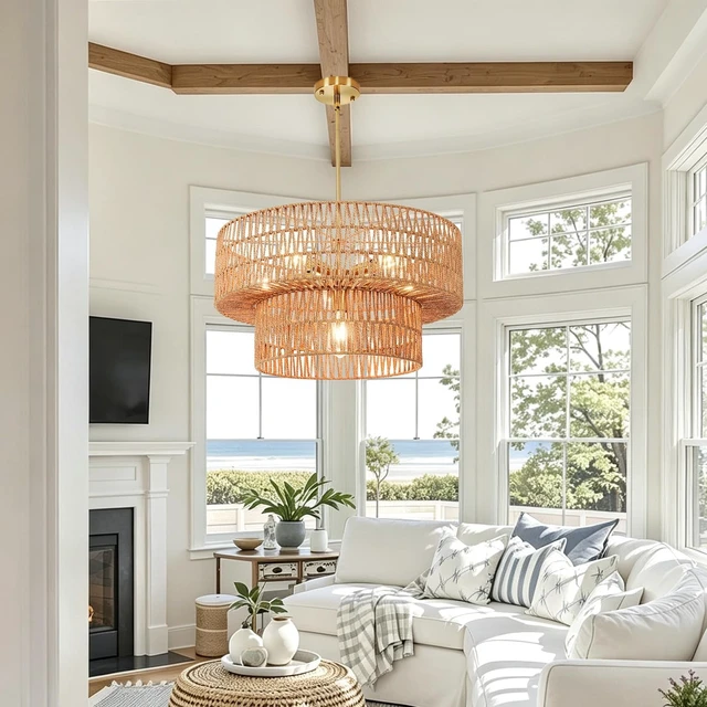 Alt view image 5 of 7 - 23.62" 6-Light Boho Chandelier Rattan Light Fixture Hand Woven Farmhouse Chandelier for Dining Room Ceiling Hanging Pendant Light for Kitchen Island Lighting