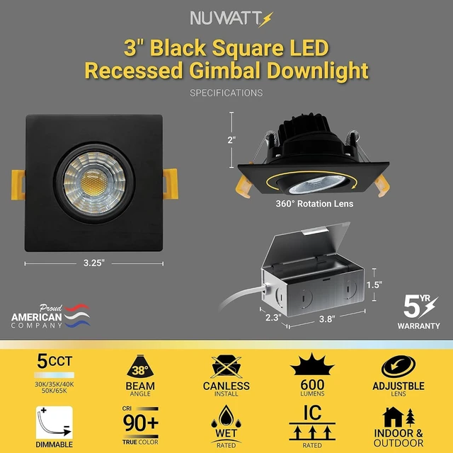 Alt view image 2 of 7 - NUWATT 3 Inch Black Square Gimbal LED Recessed Lights CCT 2700K-5000K, 4 PK