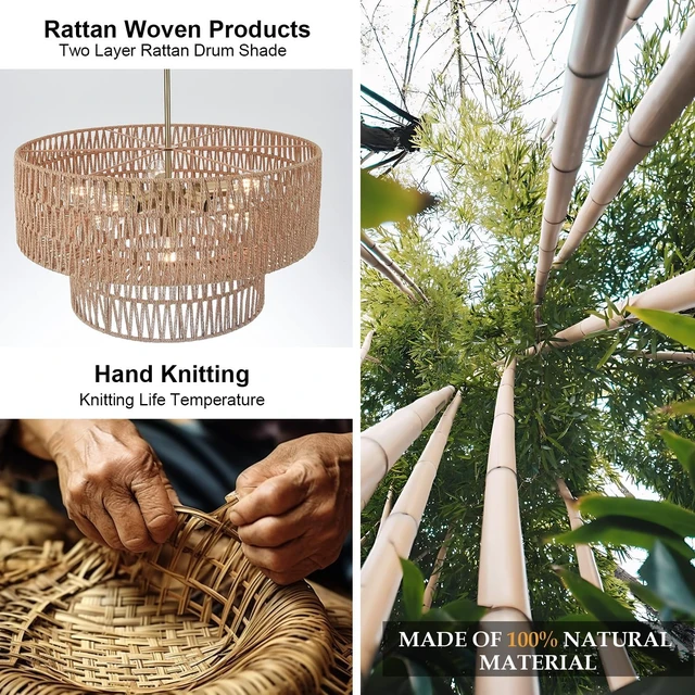Alt view image 3 of 7 - 23.62" 6-Light Boho Chandelier Rattan Light Fixture Hand Woven Farmhouse Chandelier for Dining Room Ceiling Hanging Pendant Light for Kitchen Island Lighting