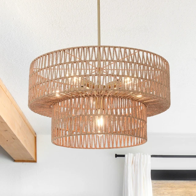 Alt view image 7 of 7 - 23.62" 6-Light Boho Chandelier Rattan Light Fixture Hand Woven Farmhouse Chandelier for Dining Room Ceiling Hanging Pendant Light for Kitchen Island Lighting