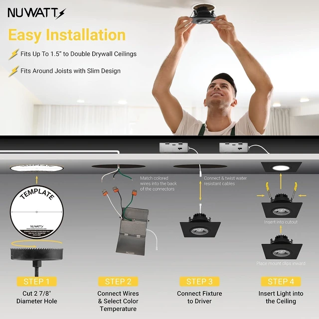 Alt view image 3 of 7 - NUWATT 3 Inch Black Square Gimbal LED Recessed Lights CCT 2700K-5000K, 4 PK