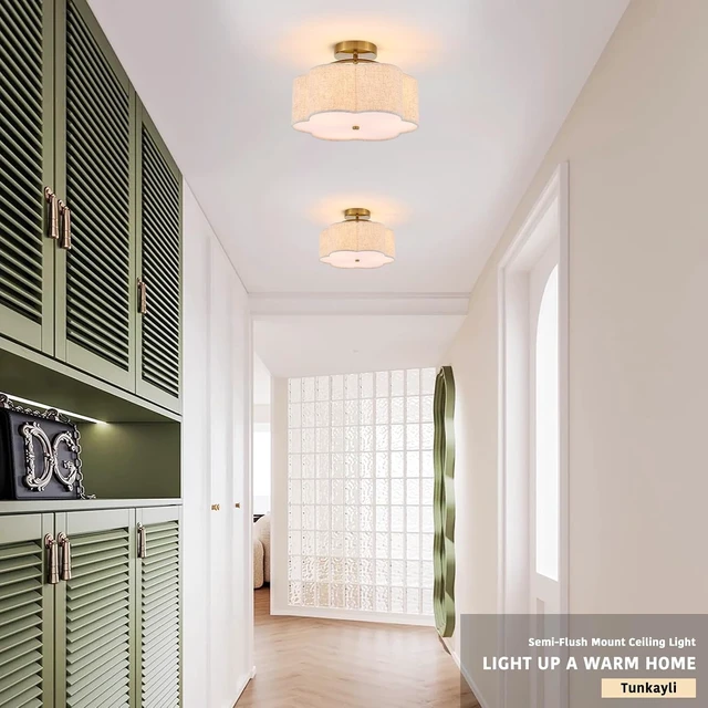 Alt view image 2 of 7 - 13.78" Gold Semi Flush Mount Ceiling Light, 3-Light Linen Fixture