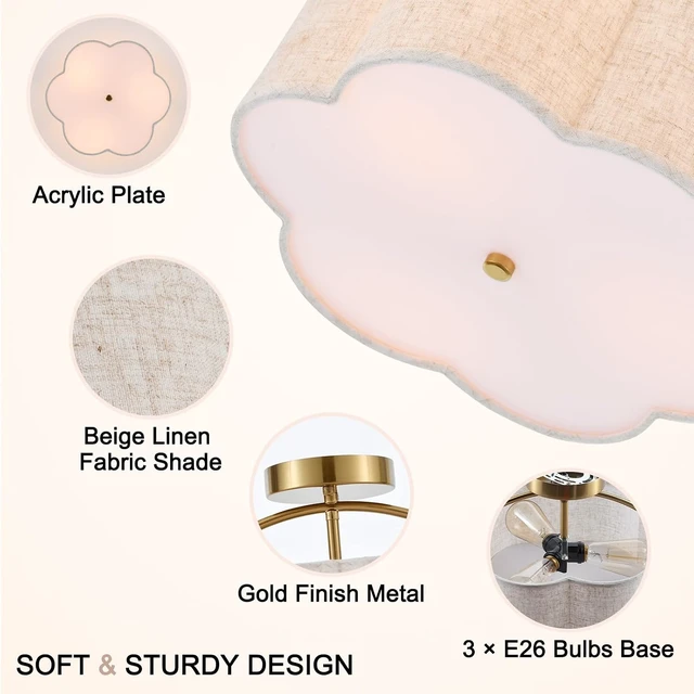 Alt view image 3 of 7 - 13.78" Gold Semi Flush Mount Ceiling Light, 3-Light Linen Fixture