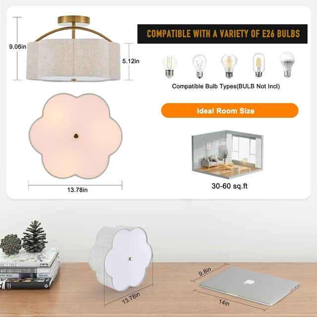 Alt view image 4 of 7 - 13.78" Gold Semi Flush Mount Ceiling Light, 3-Light Linen Fixture