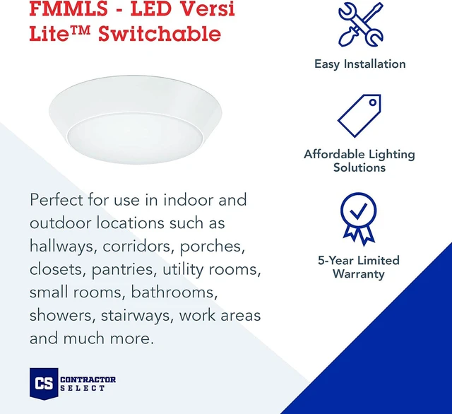 Alt view image 2 of 7 - Lithonia Lighting Versi Lite LED Flush Mount Ceiling Light, 3-In-1 Switchable White Light, Dimmable LED Lights for Bedroom, Bathroom, Hallway, 7" Round, White